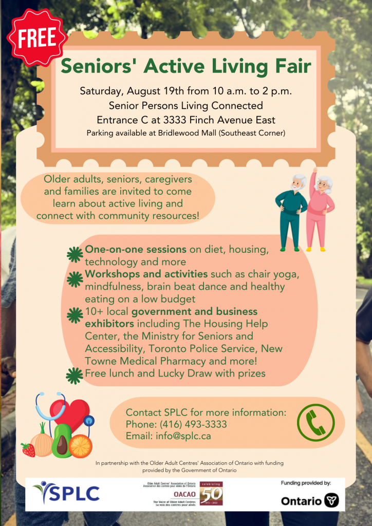 A poster for SPLC's Active Living Fair to promote healthy and active living for seniors in Scarborough